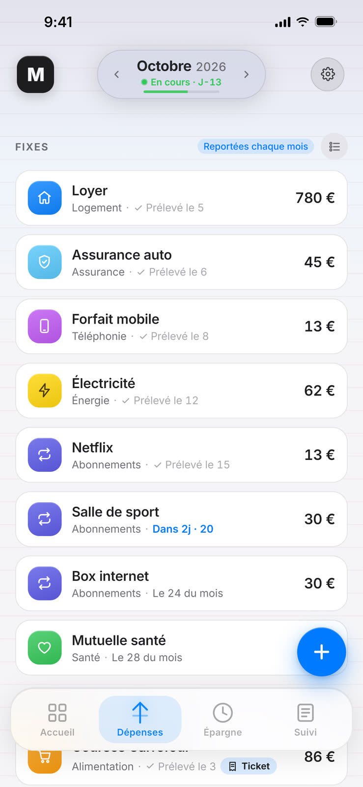 Liste des dépenses fixes