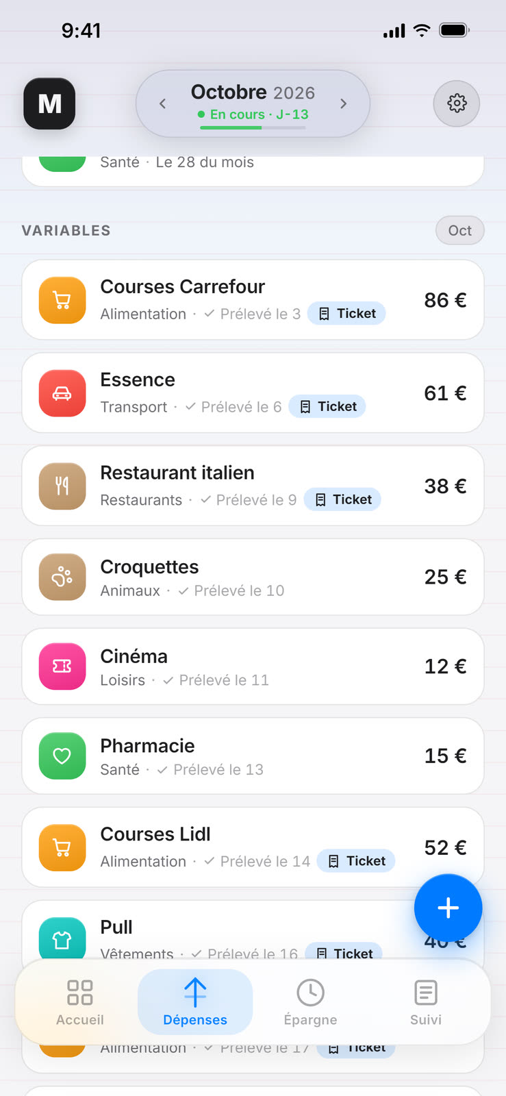 Liste des dépenses variables